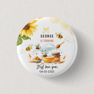 Cute Yellow Bee & Sunflower 1st Bee-Day Birthday 3 Cm Round Badge
