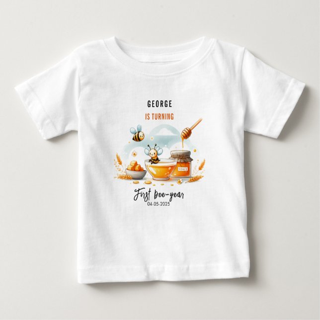 Cute Yellow Bee & Sunflower 1st Bee-Day Birthday Baby T-Shirt (Front)