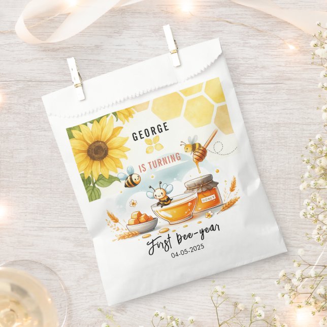Cute Yellow Bee & Sunflower 1st Bee-Day Birthday Favour Bags (Clipped)