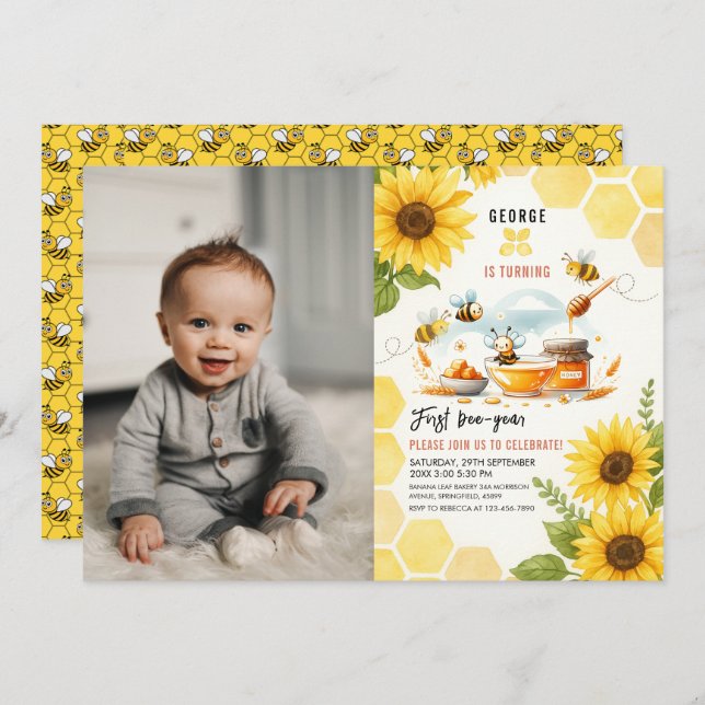 Cute Yellow Bee & Sunflower 1st Bee-Day Birthday Invitation (Front/Back)