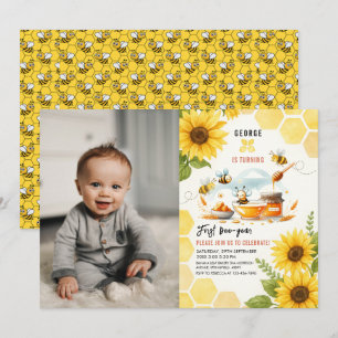 Cute Yellow Bee & Sunflower 1st Bee-Day Birthday Invitation