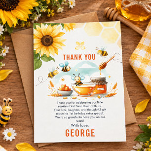 Cute Yellow Bee & Sunflower 1st Bee-Day Birthday Thank You Card