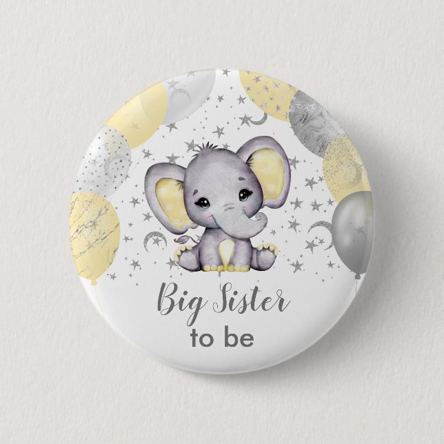 Cute Yellow Big Sister Elephant Balloons Button (Front)