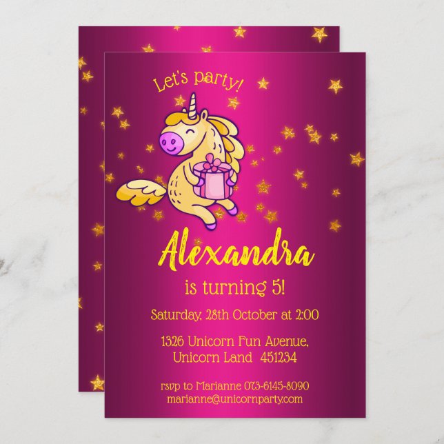 Cute Yellow Birthday Unicorn Invitation (Front/Back)