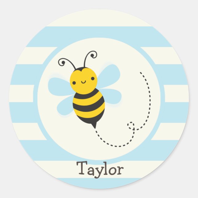 Cute Yellow & Black Bee on Baby Blue Stripes Classic Round Sticker (Front)