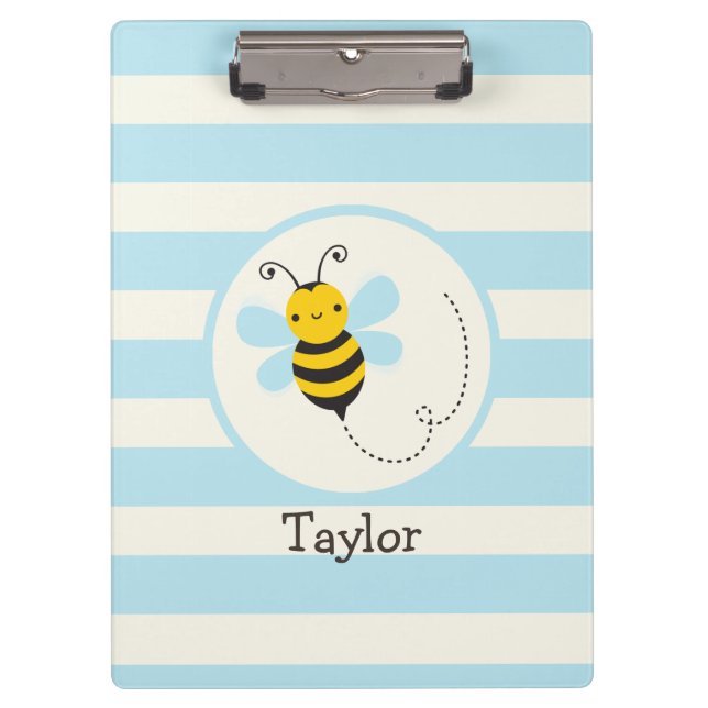 Cute Yellow & Black Bee on Baby Blue Stripes Clipboard (Front)