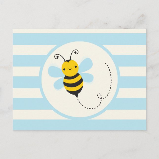 Cute Yellow & Black Bee on Baby Blue Stripes Postcard (Front)
