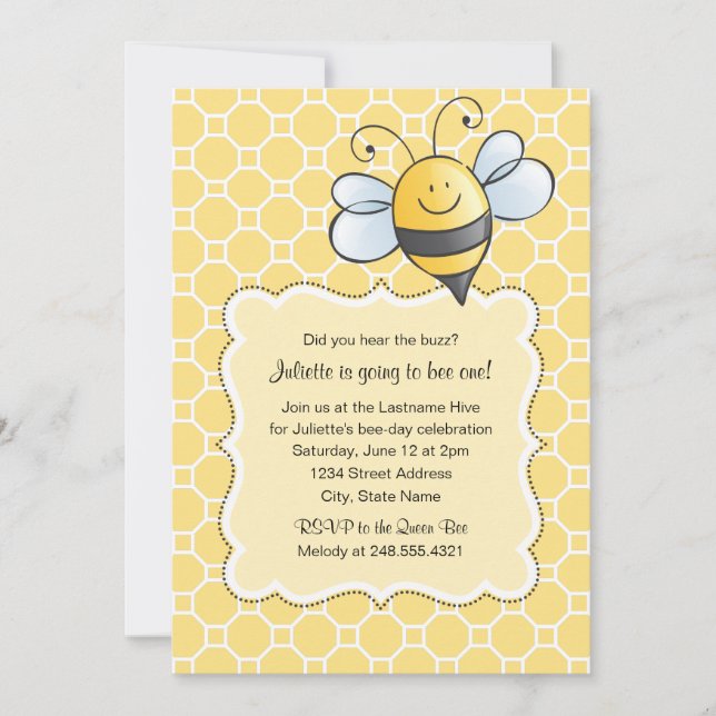 Cute Yellow Black Bumblebee First Birthday Party Invitation (Front)
