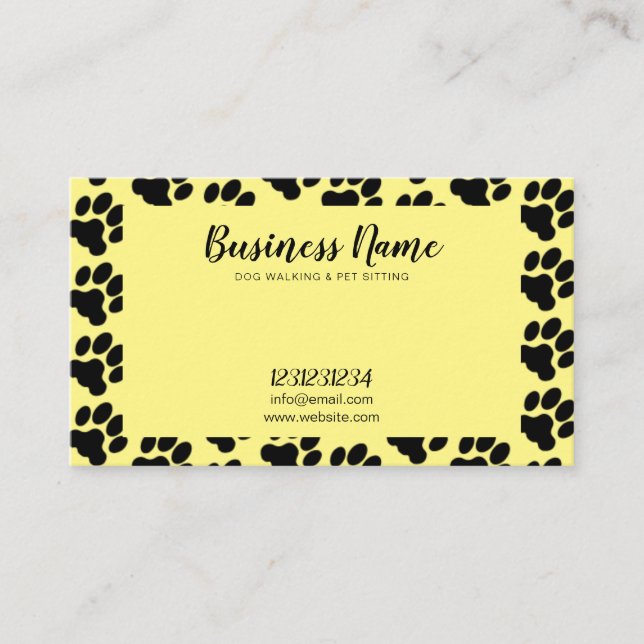 Cute Yellow & Black Paw Print Pattern Dog Walking Business Card (Front)