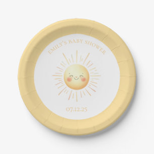 Cute Yellow Boho Smiling Sunshine Baby Shower Paper Plate
