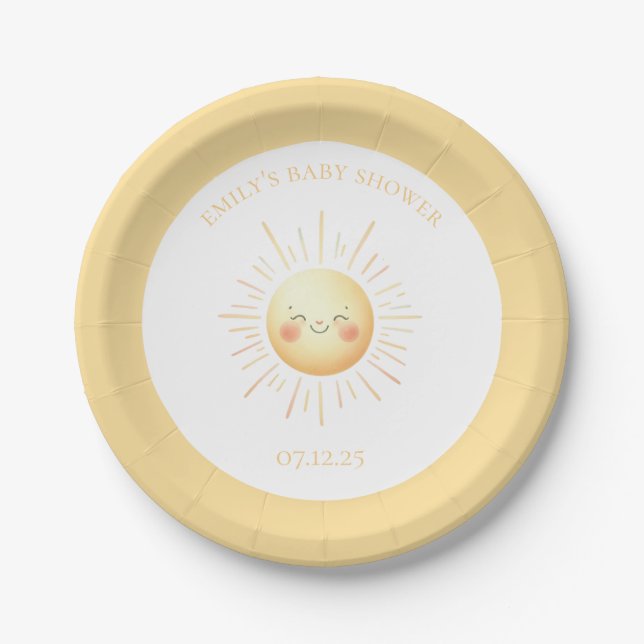 Cute Yellow Boho Smiling Sunshine Baby Shower Paper Plate (Front)