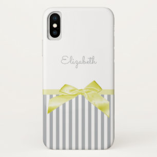 Cute Yellow Bow With Girly Grey Stripes and Name Case-Mate iPhone Case