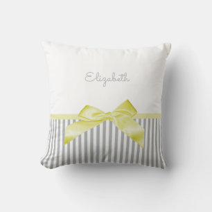 Cute Yellow Bow With Girly Grey Stripes and Name Cushion