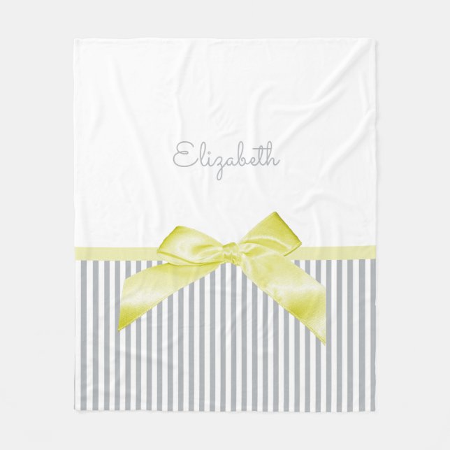 Cute Yellow Bow With Girly Grey Stripes and Name Fleece Blanket (Front)