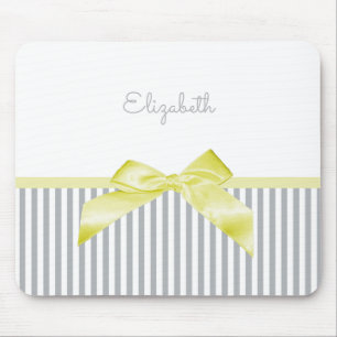 Cute Yellow Bow With Girly Grey Stripes and Name Mouse Pad