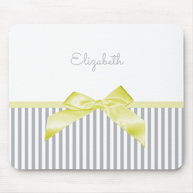 Cute Yellow Bow With Girly Grey Stripes and Name Mouse Pad (Front)