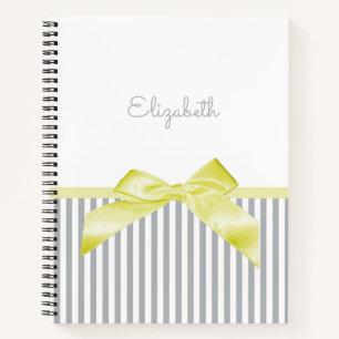 Cute Yellow Bow With Girly Grey Stripes and Name Notebook