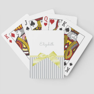 Cute Yellow Bow With Girly Grey Stripes and Name Playing Cards
