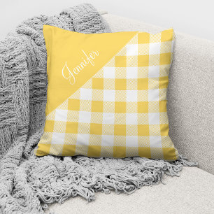 Cute Yellow Buffalo Plaid Check Pattern Name Cushion