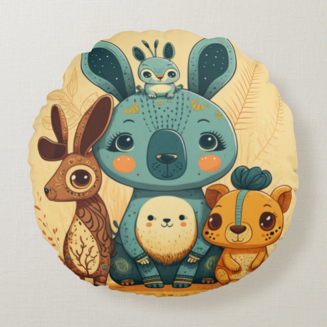 Cute yellow cartoon animals Round Pillow (Front)