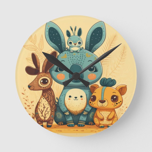 Cute yellow cartoon animals Round Pillow Clock (Front)
