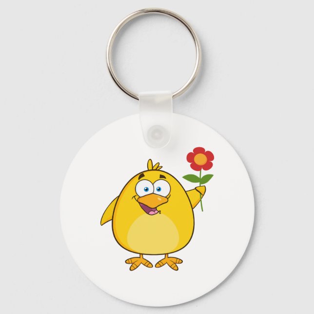 Cute Yellow Cartoon Chick with Flower Key Ring (Front)