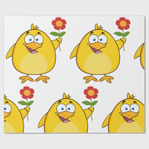 Cute Yellow Cartoon Chick with Flower Wrapping Paper