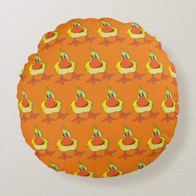Cute Yellow Cartoon Duck Round Cushion (Front)