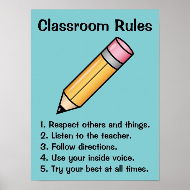 Cute Yellow Cartoon Pencil Custom Classroom Rules Poster (Front)