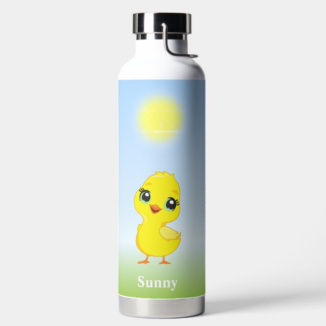 Cute Yellow Chick and Flowers on Light Blue Water Bottle (Left)