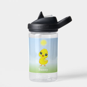Cute Yellow Chick and Flowers on Light Blue Water Water Bottle