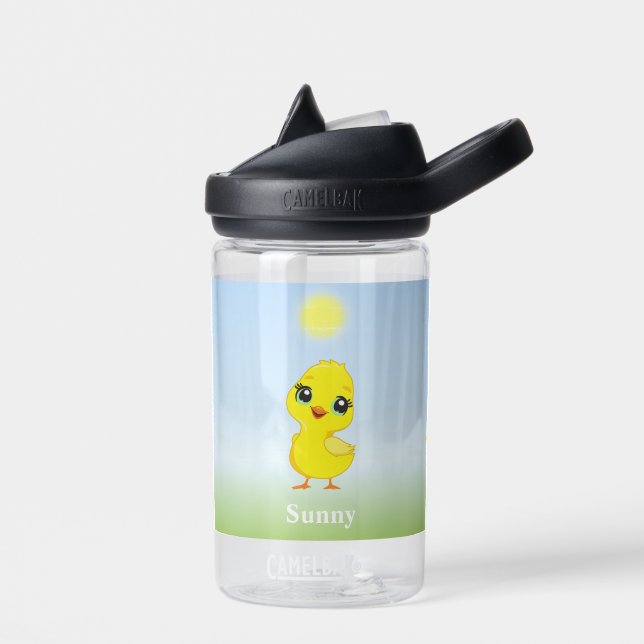 Cute Yellow Chick and Flowers on Light Blue Water  Water Bottle (Left)