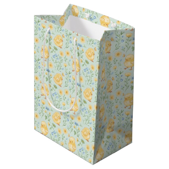 Cute Yellow Chicks and Flowers Pattern Medium Gift Bag (Back Angled)