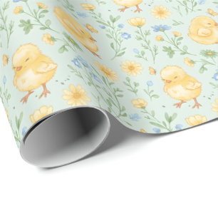 Cute Yellow Chicks and Flowers Pattern Wrapping Paper