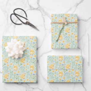 Cute Yellow Chicks and Flowers Pattern Wrapping Paper Sheet