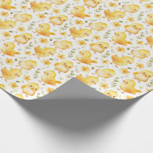 Cute Yellow Chicks and Flowers Wrapping Paper