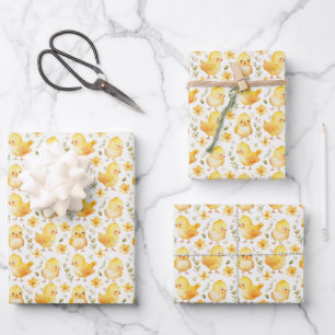 Cute Yellow Chicks and Flowers Wrapping Paper Sheet