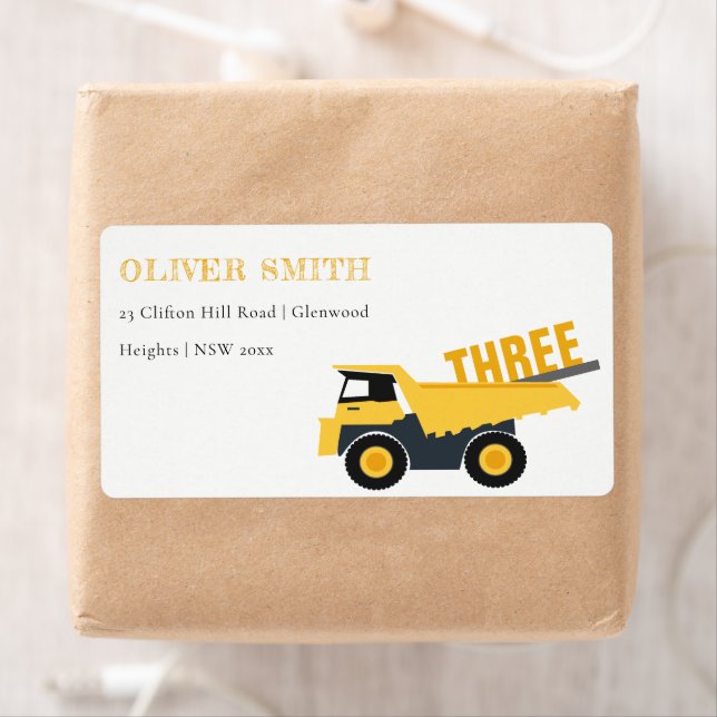 Cute Yellow Construction Dump Truck Address (Insitu)