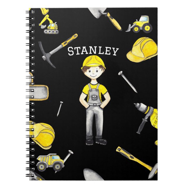 Cute Yellow Construction Truck Dump Name Notebook (Front)