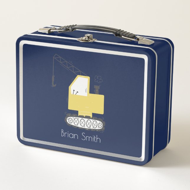 Cute Yellow Crane Illustration Custom Name Metal Lunch Box (Front)