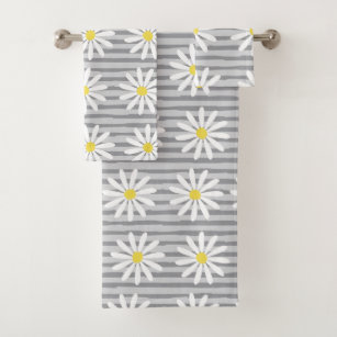 Cute Yellow Daisy Floral Grey Stripes Pattern Bath Towel Set
