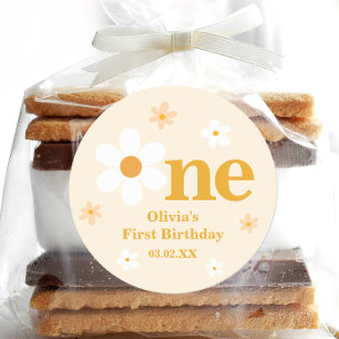 Cute Yellow Daisy One 1st Birthday Classic Round Sticker