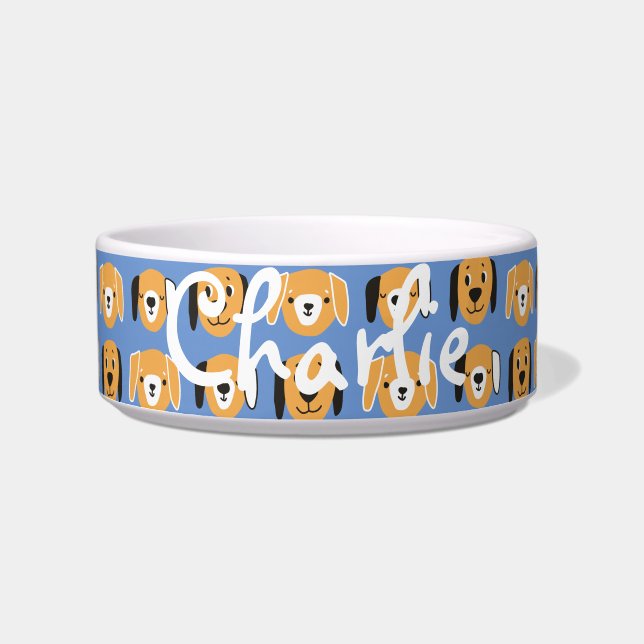 Cute Yellow Dog Head Pattern Customisable Name Bow Bowl (Front)