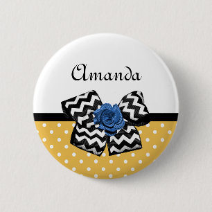 Cute Yellow Dots Blue Rose Chevron Bow With Name 6 Cm Round Badge