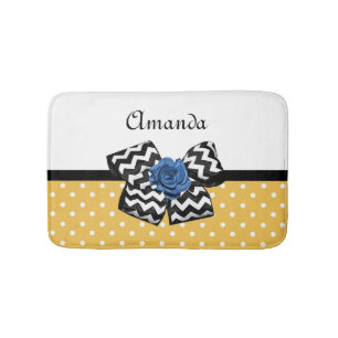 Cute Yellow Dots Blue Rose Chevron Bow With Name Bath Mat