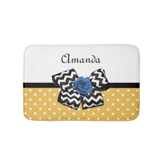Cute Yellow Dots Blue Rose Chevron Bow With Name Bath Mat (Front)