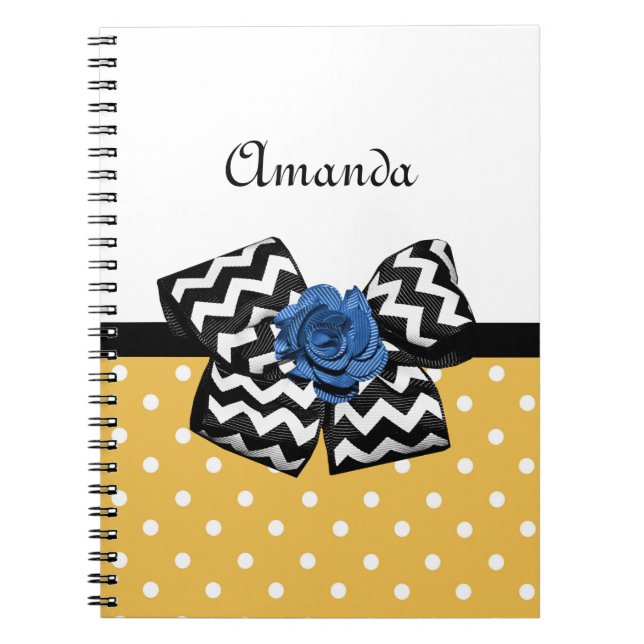 Cute Yellow Dots Blue Rose Chevron Bow With Name Notebook (Front)
