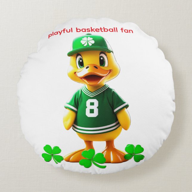 Cute Yellow Duck in Celtics Jersey – Unreal Engine Round Cushion (Front)