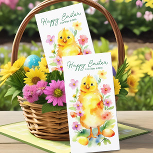 Cute Yellow Easter Chick Pastel Watercolor Flowers Holiday Card