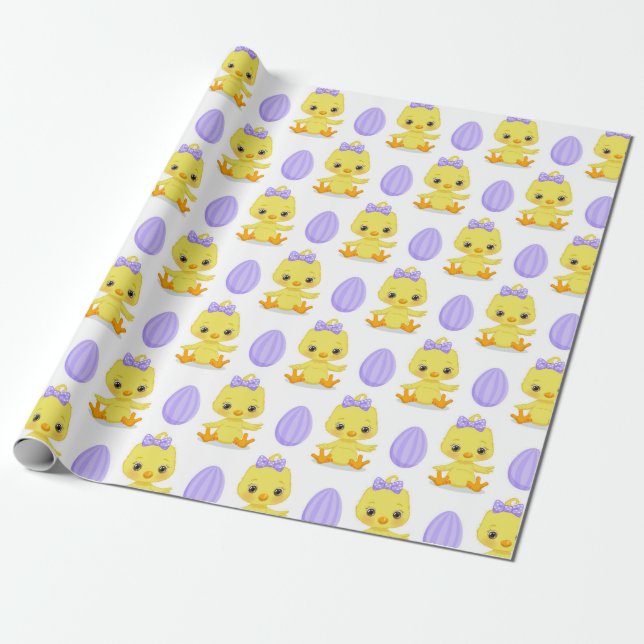 CUTE YELLOW EASTER CHICK WIRH PURPLE EGGS WRAPPING PAPER (Unrolled)